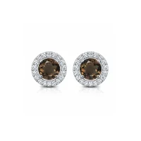 silver studs cluster with 6mm round Smoky Quartz and cubic zirconia