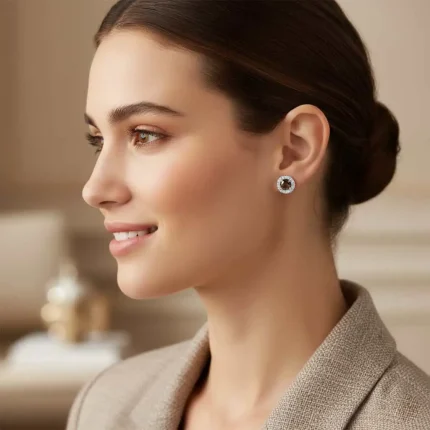 model wearing silver studs cluster with 6mm round Smoky Quartz and cubic zirconia
