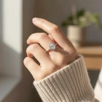 model wearing Silver Ring cluster with 5x7 mm oval shaped Cubic Zirconia and small round Cubic Zirconia