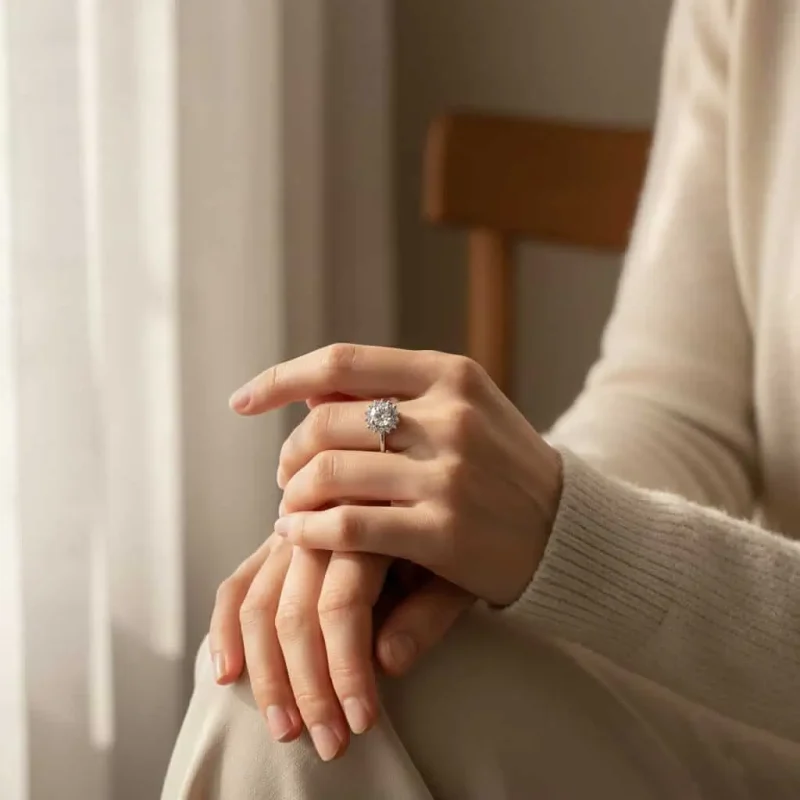 model wearing silver ring cluster (gidhe) with 6mm round cubic zirconia