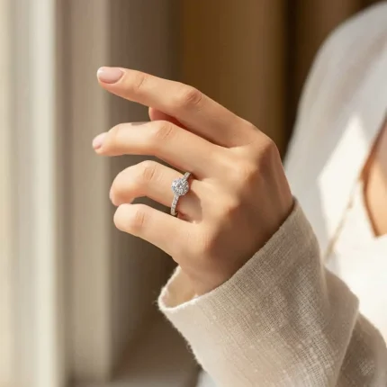 model wearing silver ring cluster with 3mm round cubic zirconia