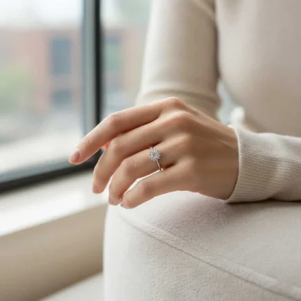 model wearing silver ring cluster (gidhe) with 4mm round cubic zirconia