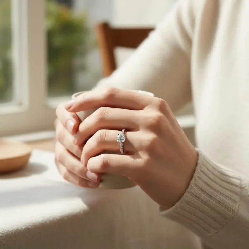 model wearing Silver Ring Solitaire with 6mm round shaped Cubic Zirconia and small round Cubic Zirconia