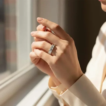 model wearing Silver Ring with 4mm square shaped Cubic Zirconia