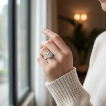 model wearing silver ring with cubic zirconia with 5x7 mm octagon shaped zirconia cluster