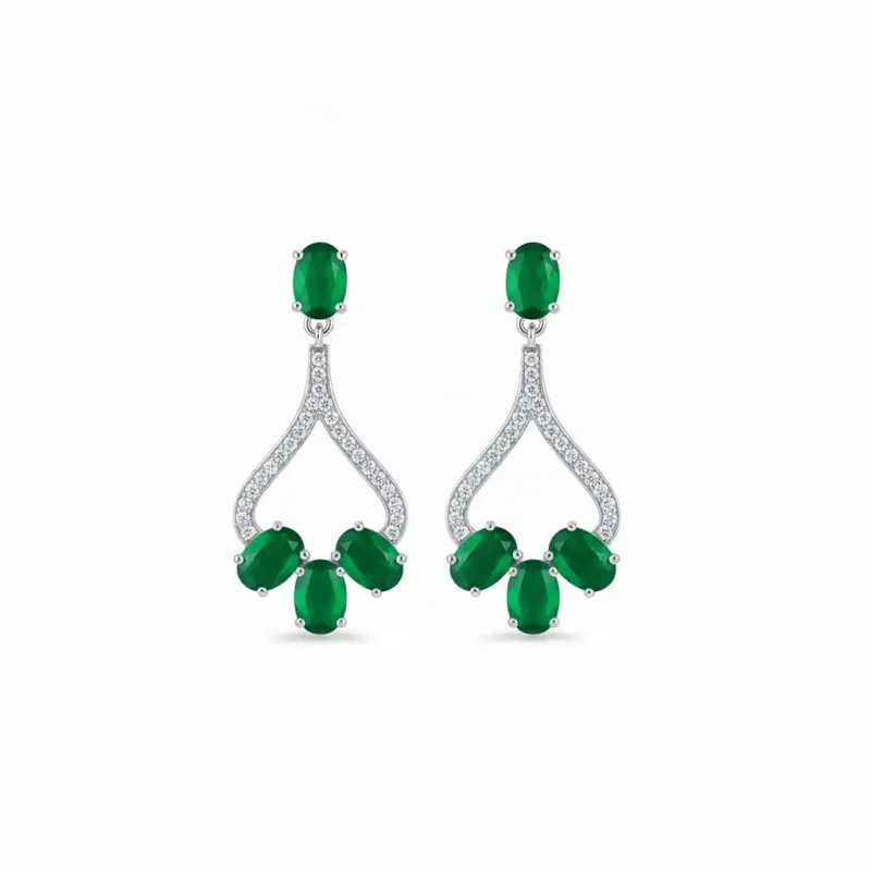 Silver Earrings with 5x7 mm oval shaped Green Onyx Gemstone and Cubic Zirconia