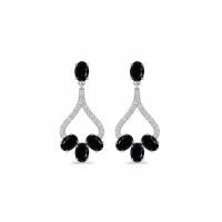 Silver Earrings with 5x7 mm oval shaped Black Onyx Gemstone and Cubic Zirconia