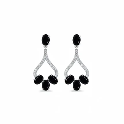 Silver Earrings with 5x7 mm oval shaped Black Onyx Gemstone and Cubic Zirconia