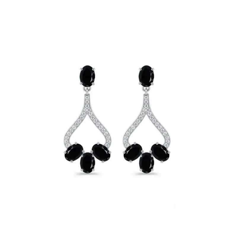 Silver Earrings with 5x7 mm oval shaped Black Onyx Gemstone and Cubic Zirconia