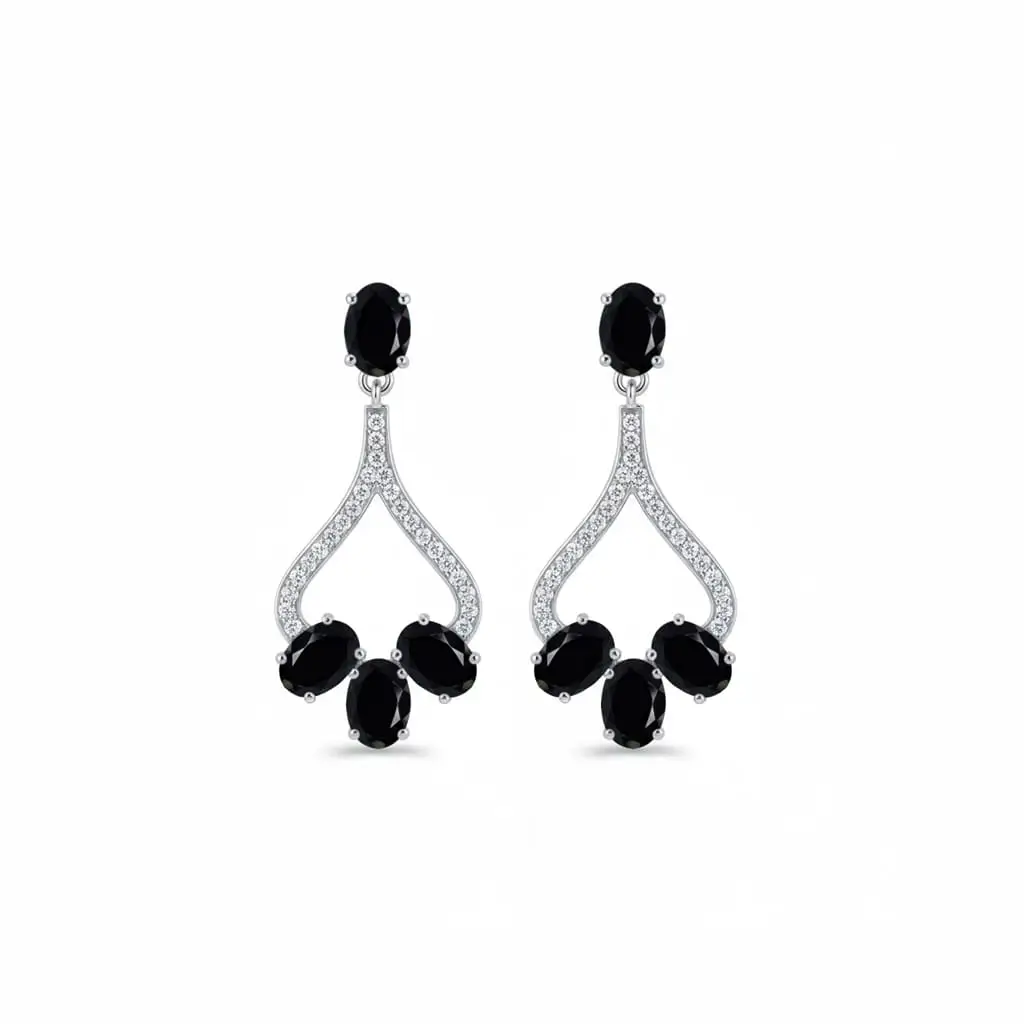 silver earring gemstone with cz 1b black onyx a Silver Earrings with 5x7 mm oval shaped Black Onyx Gemstone and Cubic Zirconia