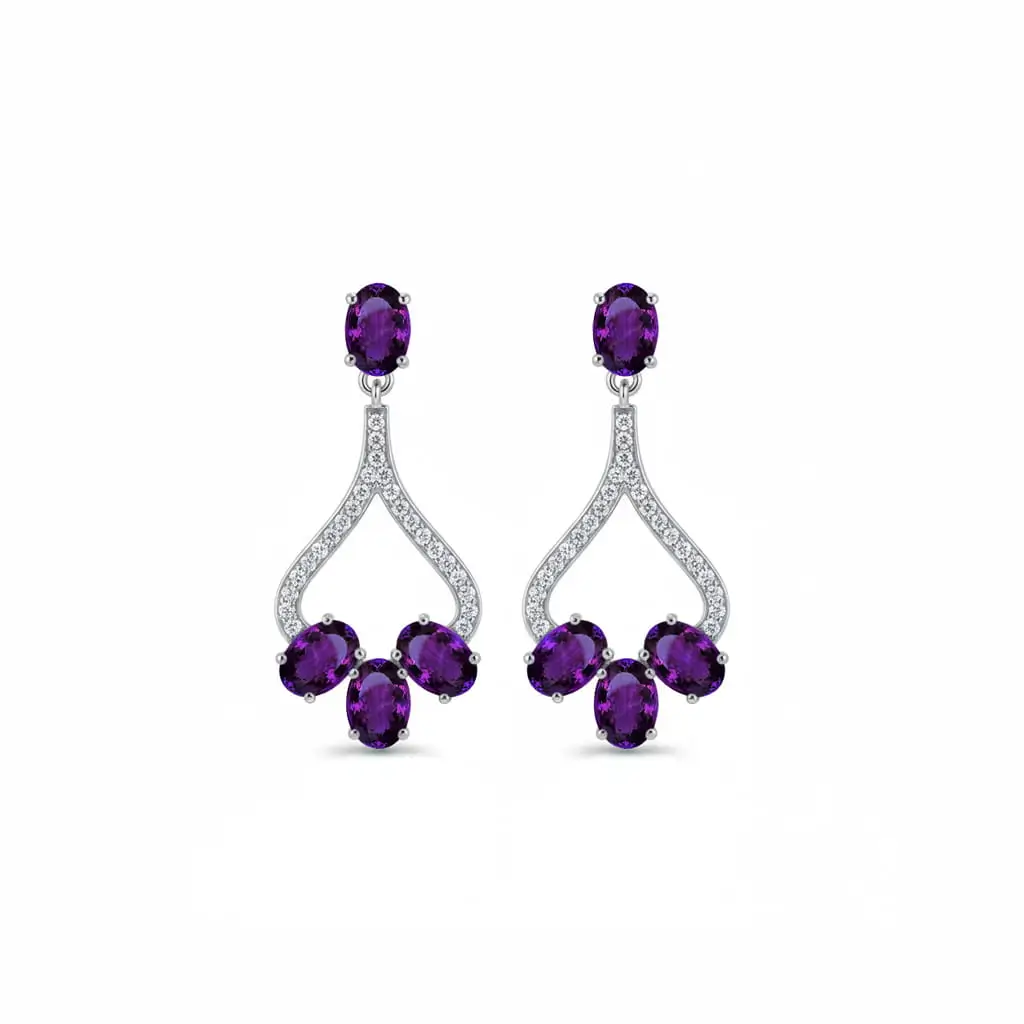 silver earring gemstone with cz 1c amethyst a Silver Earrings with 5x7 mm oval shaped Amethyst Gemstone and Cubic Zirconia