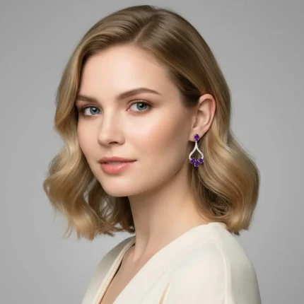 model wearing 5x7 mm oval shaped Amethyst Gemstone and Cubic Zirconia
