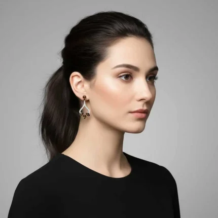 model wearing 5x7 mm oval shaped Smoky Quartz Gemstone and Cubic Zirconia