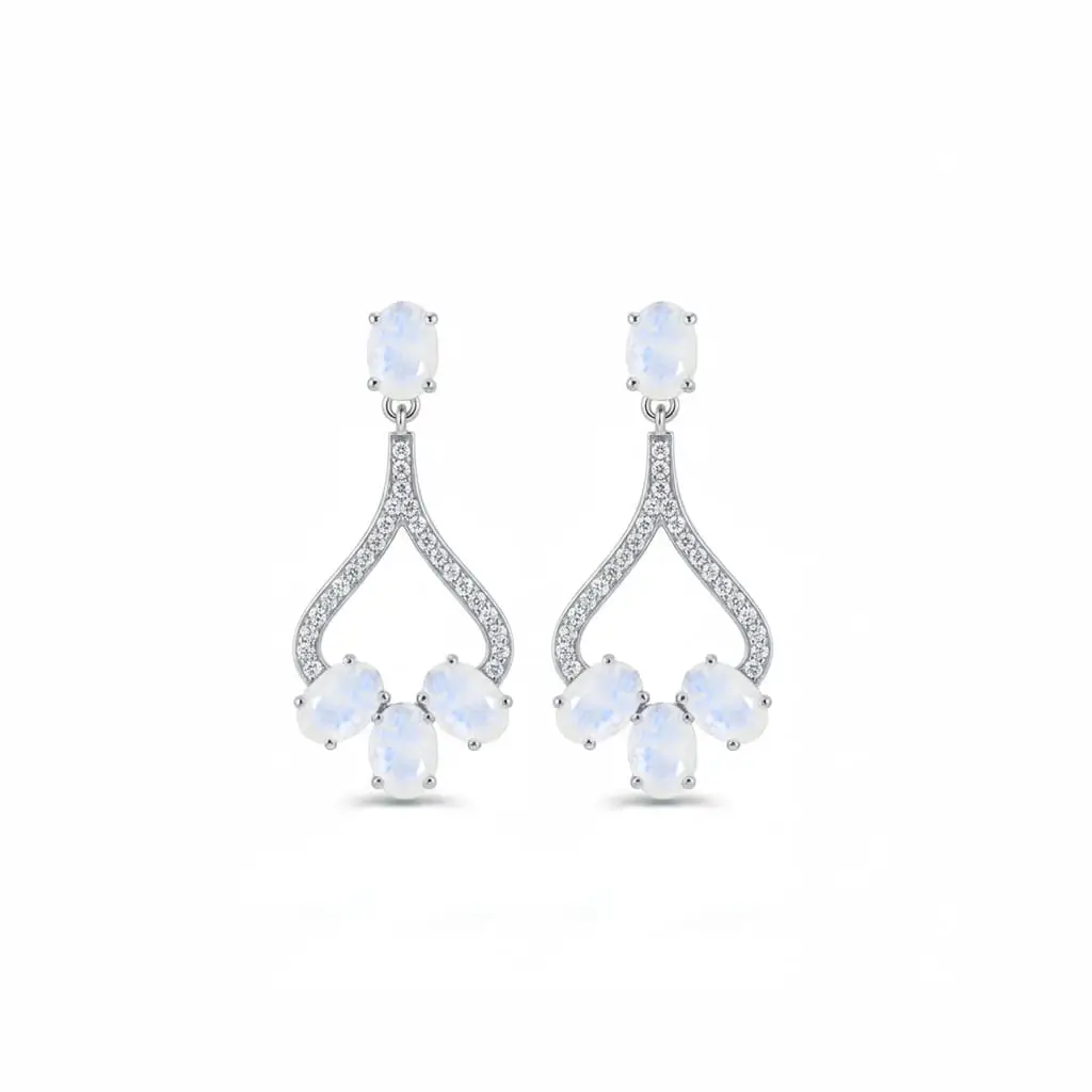silver earring gemstone with cz 1e rainbow moonstone a 5x7 mm oval shaped Rainbow moonstone Gemstone and Cubic Zirconia