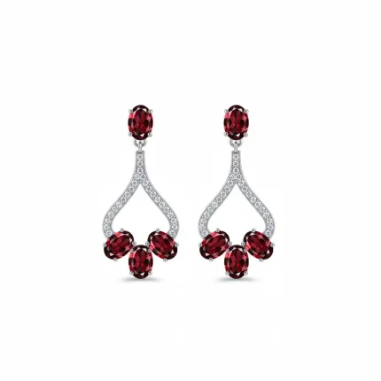 Silver Earrings with 5x7 mm oval shaped Garnet Gemstone and Cubic Zirconia