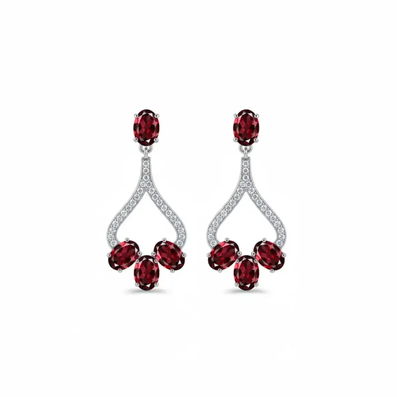 Silver Earrings with 5x7 mm oval shaped Garnet Gemstone and Cubic Zirconia