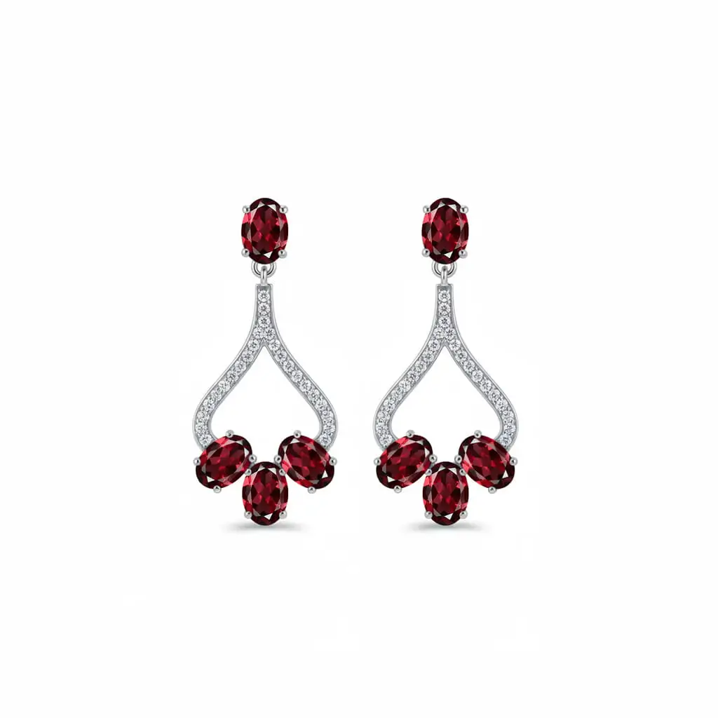 silver earring gemstone with cz 1g garnet a Silver Earrings with 5x7 mm oval shaped Garnet Gemstone and Cubic Zirconia