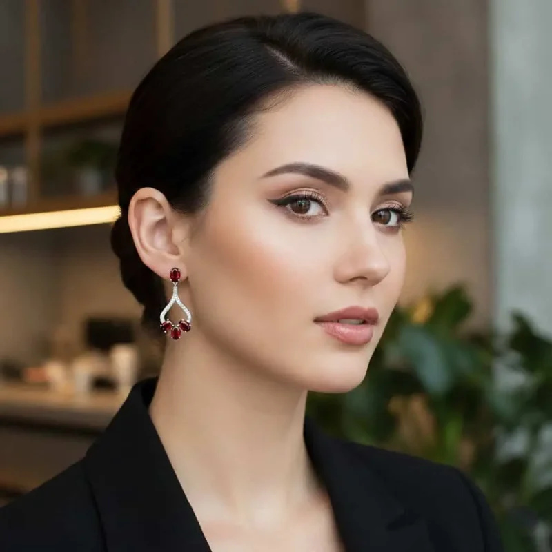 model wearing 5x7 mm oval shaped Garnet Gemstone and Cubic Zirconia