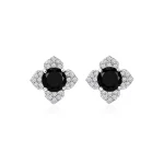 Silver Studs flower shaped with 6mm round shaped Black Onyx Gemstone and Cubic Zirconia