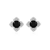 Silver Studs flower shaped with 6mm round shaped Black Onyx Gemstone and Cubic Zirconia