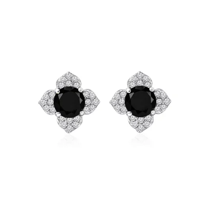 Silver Studs flower shaped with 6mm round shaped Black Onyx Gemstone and Cubic Zirconia