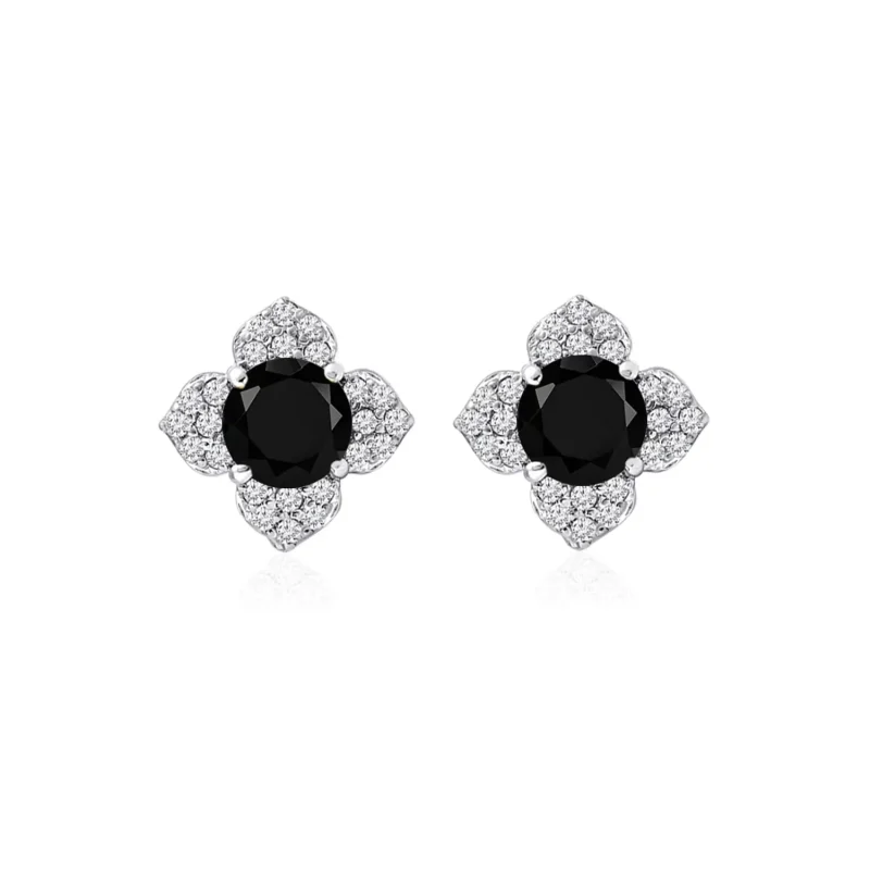 Silver Studs flower shaped with 6mm round shaped Black Onyx Gemstone and Cubic Zirconia