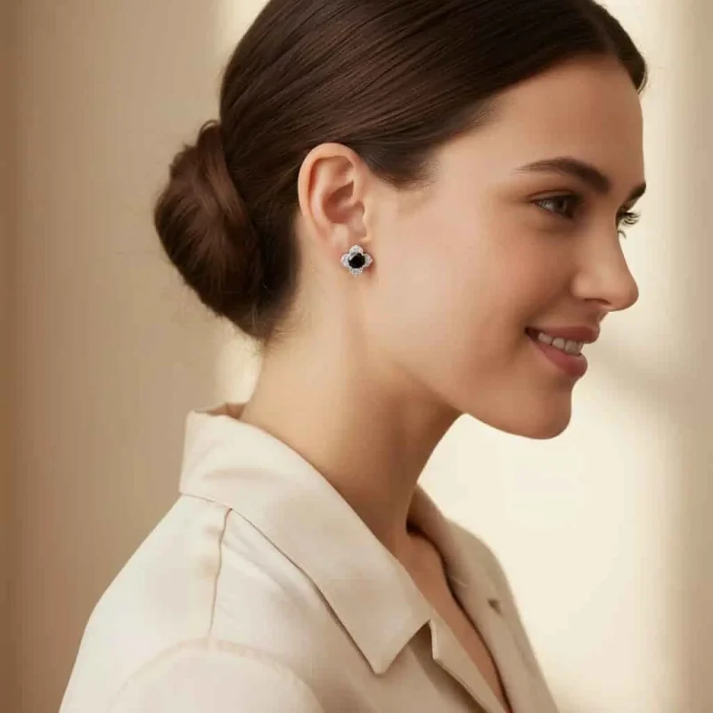 model wearing Silver Studs flower shaped with 6mm round shaped Black Onyx Gemstone and Cubic Zirconia