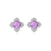 Silver Studs flower shaped with 6mm round shaped Brazilian Amethyst Gemstone and Cubic Zirconia