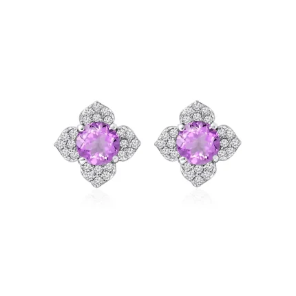 Silver Studs flower shaped with 6mm round shaped Brazilian Amethyst Gemstone and Cubic Zirconia