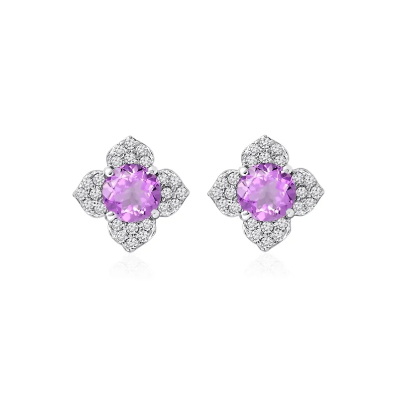 Silver Studs flower shaped with 6mm round shaped Brazilian Amethyst Gemstone and Cubic Zirconia