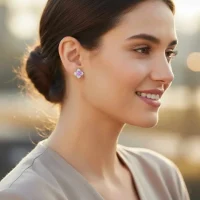 model wearing Silver Studs flower shaped with 6mm round shaped Brazilian Amethyst Gemstone and Cubic Zirconia