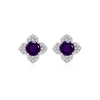 Silver Studs flower shaped with 6mm round shaped Amethyst Gemstone and Cubic Zirconia
