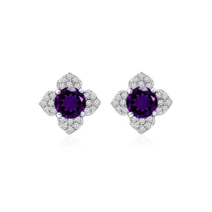 Silver Studs flower shaped with 6mm round shaped Amethyst Gemstone and Cubic Zirconia