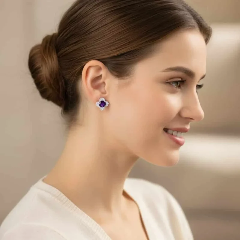 model wearing Silver Studs flower shaped with 6mm round shaped Amethyst Gemstone and Cubic Zirconia