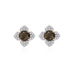 Silver Studs flower shaped with 6mm round shaped Smoky Quartz Gemstone and Cubic Zirconia