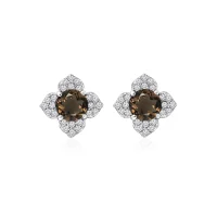 Silver Studs flower shaped with 6mm round shaped Smoky Quartz Gemstone and Cubic Zirconia