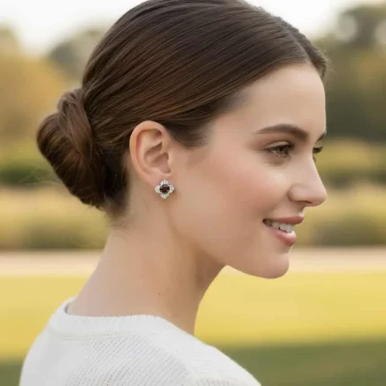 model wearing Silver Studs flower shaped with 6mm round shaped Smoky Quartz Gemstone and Cubic Zirconia
