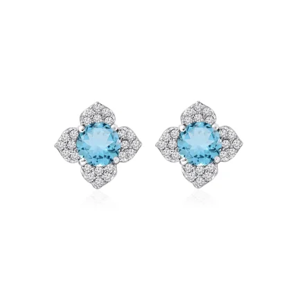 Silver Studs flower shaped with 6mm round shaped Blue Topaz Gemstone and Cubic Zirconia