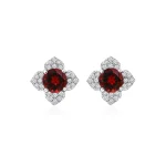 Silver Studs flower shaped with 6mm round shaped Garnet Gemstone and Cubic Zirconia