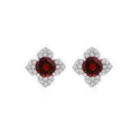 Silver Studs flower shaped with 6mm round shaped Garnet Gemstone and Cubic Zirconia