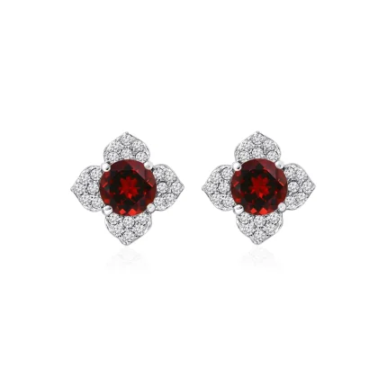 Silver Studs flower shaped with 6mm round shaped Garnet Gemstone and Cubic Zirconia