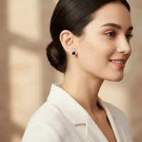 model wearing Silver Studs flower shaped with 6mm round shaped Garnet Gemstone and Cubic Zirconia