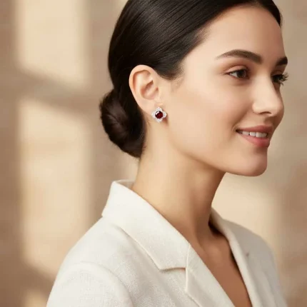 model wearing Silver Studs flower shaped with 6mm round shaped Garnet Gemstone and Cubic Zirconia