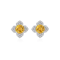 Silver Studs flower shaped with 6mm round shaped Citrine Gemstone and Cubic Zirconia