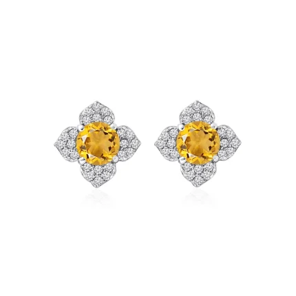 Silver Studs flower shaped with 6mm round shaped Citrine Gemstone and Cubic Zirconia
