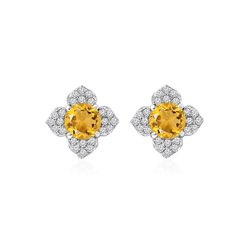 Silver Studs flower shaped with 6mm round shaped Citrine Gemstone and Cubic Zirconia