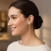 model wearing Silver Studs flower shaped with 6mm round shaped Citrine Gemstone and Cubic Zirconia