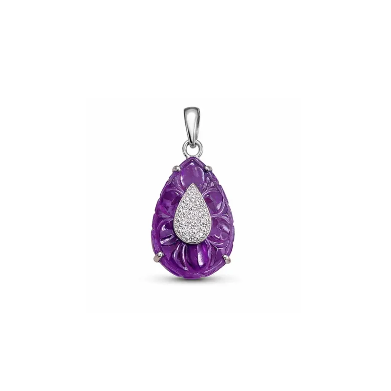 silver carved gemstone pendant with pear shaped african amethyst and cubic zirconia