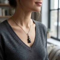 model wearing silver carved gemstone pendant with guitar shaped black onyx and peridot