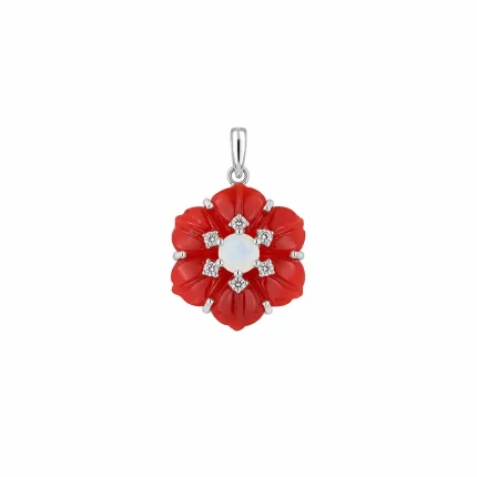 silver pendant with carved flower red onyx gemstone with rainbow moonstone and cubic zirconia